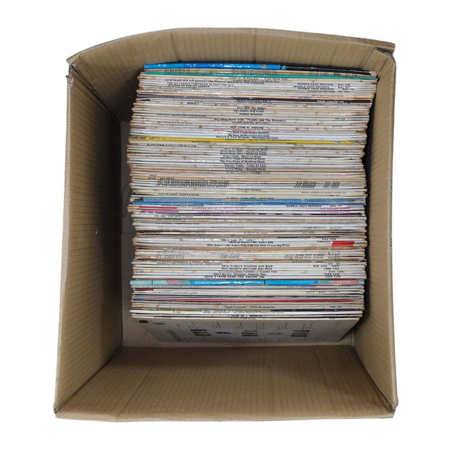 A hundred LP record albums, artists include; Chris Barber, Humphrey Lyttelton, lonnie Donegan, Long John Baldry, Georgie Fame, Manfred Mann, Herman’s Hermits, Freddie and the Dreamers, the Hollies, The Dave Clark Five, B